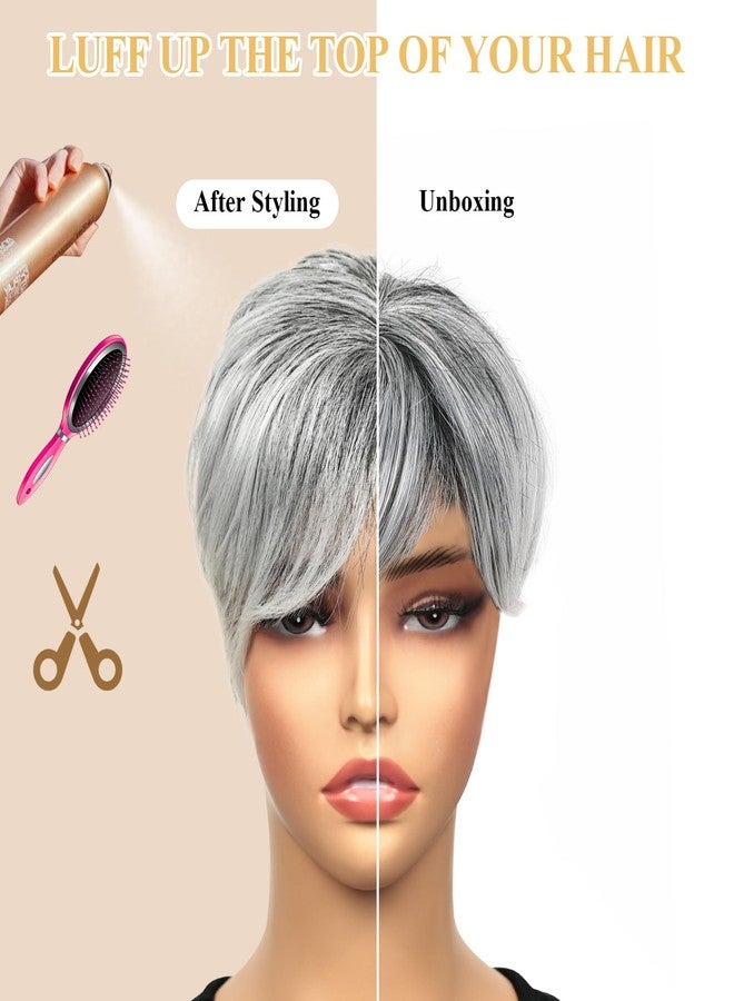 QUEENTAS Short Hair Topper for Women with Thinning Hair Daily Wear 360°3D Cover Up 6.5"*6" Fluffy Hair Pieces with Bangs(Black Mixed Grey) - Image 5